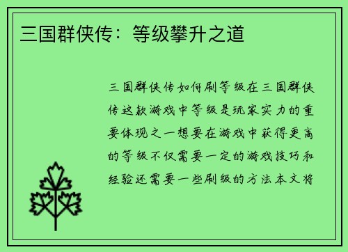 三国群侠传：等级攀升之道